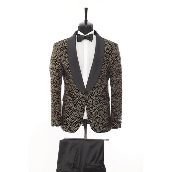 Derman Black Gold Floral Patterned Glitter Luxury 2 Piece Tuxedo - Picture 1 of 6